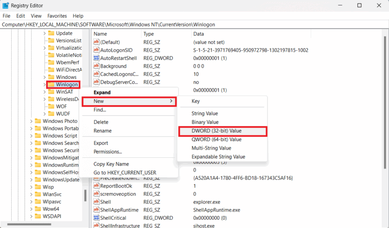 تخطي شاشة تسجيل الدخول إلى Windows محرر سجل Windows 11 Winlogon