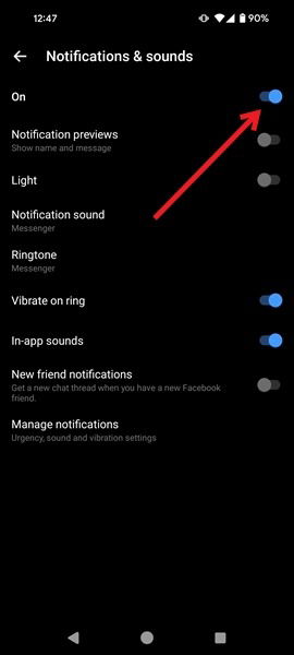 التحقق من تمكين الإشعارات لتطبيق Messenger.